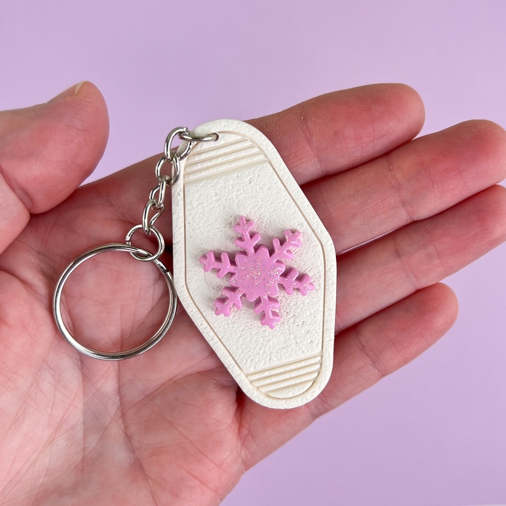 Festive Pink Sparkly Snowflake Handmade Polymer Clay Hotel Style Key Cha…